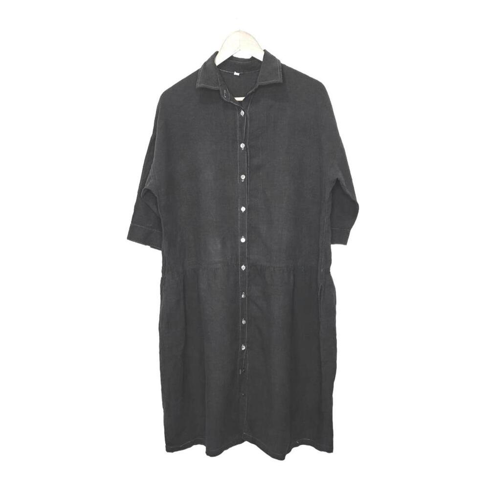 Cozy Black Collared Midi Shirt Dress With Side Pockets, 1/2 Sleeves  Sm/Med